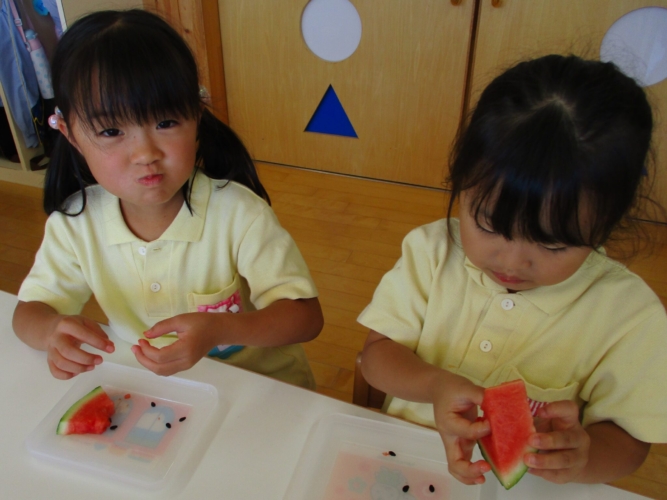 ゆうあい幼稚園　「園で育てたスイカを食べる」